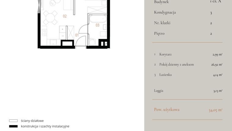 Rzut - Mieszkanie na sprzedaż 1 pokój o powierzchni 34,05 m² - numer M057 w MURANO
