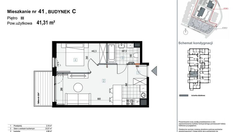 Rzut - Mieszkanie na sprzedaż 2 pokoje o powierzchni 41,31 m² - numer C41 w Apartamenty Kopernika