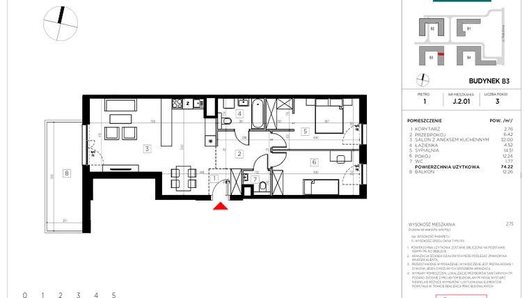 Rzut - Mieszkanie na sprzedaż 3 pokoje o powierzchni 74,22 m² - numer J.2.01 w CityFlow etap II