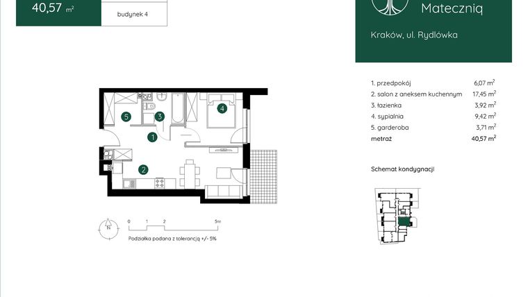 Rzut - Mieszkanie na sprzedaż 2 pokoje o powierzchni 40,57 m² - numer 4.A.0.01 w Murapol Mateczniq