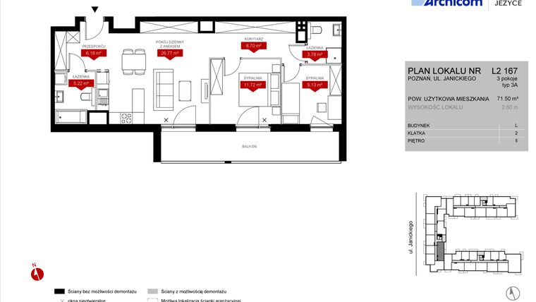 Rzut - Mieszkanie na sprzedaż 3 pokoje o powierzchni 71,5 m² - numer L2.167 w Wieża Jeżyce etap VI
