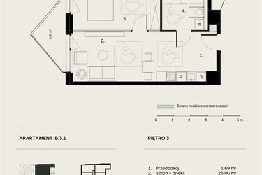 Rzut - Mieszkanie na sprzedaż 2 pokoje o powierzchni 46,7 m² - numer B/3/1 w Ogrodowa 12