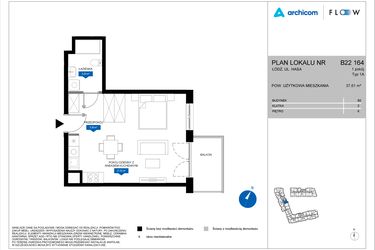 Rzut - Mieszkanie na sprzedaż 1 pokój o powierzchni 37,61 m² - numer B22 164 w Flow - bud. B2 A i bud. B2 B