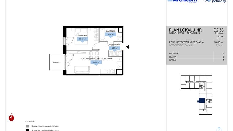 Rzut - Mieszkanie na sprzedaż 2 pokoje o powierzchni 39,06 m² - numer D2.53 w Bulwar Północny