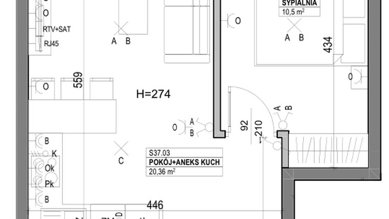 Rzut - Mieszkanie na sprzedaż 2 pokoje o powierzchni 39,69 m² - numer S37 w Miasto Ogród 6 - OSLO i SZTOKHOLM
