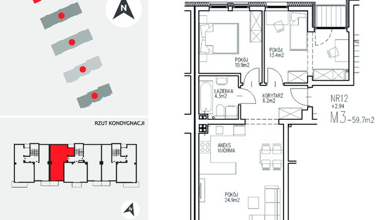 Rzut - Mieszkanie na sprzedaż 3 pokoje o powierzchni 59,7 m² - numer 5-12 w Ul. Ogrodowa - Etap II
