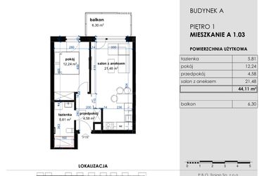 Rzut - Mieszkanie na sprzedaż 2 pokoje o powierzchni 44,11 m² - numer A 1.03 w Osiedle Kwiatowe