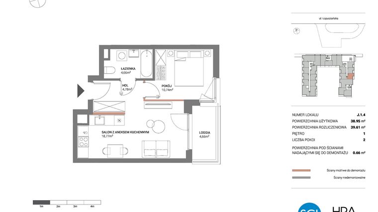 Rzut - Mieszkanie na sprzedaż 2 pokoje o powierzchni 39,61 m² - numer J.1.4 w Łopuszańska 47 - etap 3