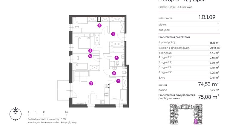 Rzut - Mieszkanie na sprzedaż 5 pokoi o powierzchni 75,08 m² - numer 1.B.1.09 w Murapol Trzy Lipki