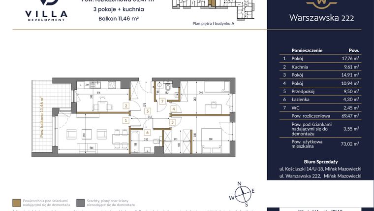 Rzut - Mieszkanie na sprzedaż 3 pokoje o powierzchni 69,47 m² - numer 50A w Warszawska 222