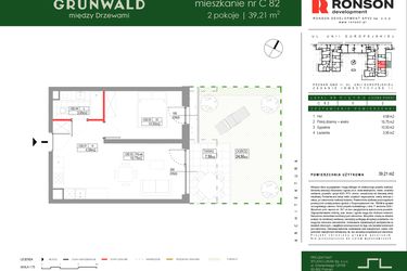 Rzut - Mieszkanie na sprzedaż 2 pokoje o powierzchni 39,21 m² - numer C082 w Grunwald Między Drzewami etap III