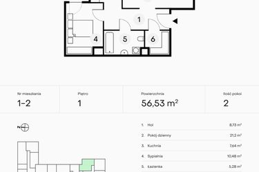 Rzut - Mieszkanie na sprzedaż 2 pokoje o powierzchni 56,53 m² - numer 1-2 w Pączka 1