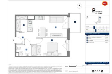 Rzut - Mieszkanie na sprzedaż 2 pokoje o powierzchni 43,97 m² - numer 6 w Przystanek Prądnik