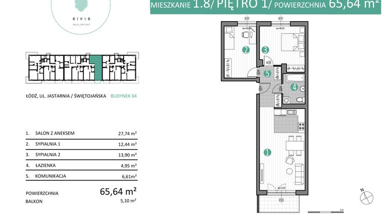 Rzut - Mieszkanie na sprzedaż 2 pokoje o powierzchni 65,64 m² - numer 04.1.8 w Port Jastarnia bud. 01, 04