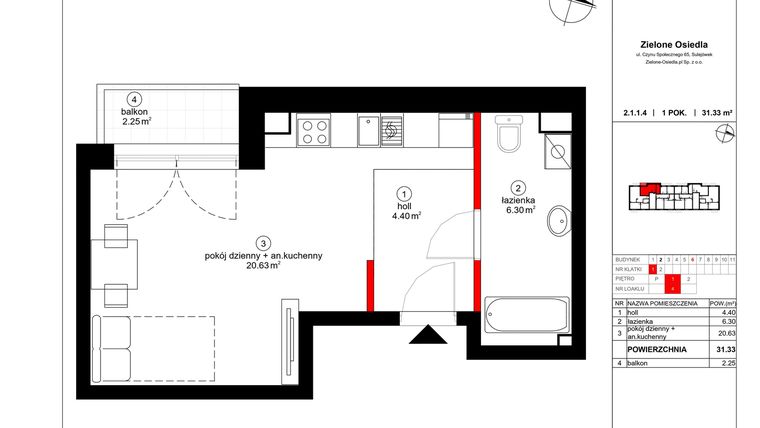 Rzut - Mieszkanie na sprzedaż 1 pokój o powierzchni 30,84 m² - numer 4 w Czynu Społecznego 65E