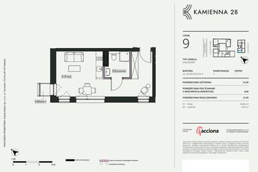 Rzut - Mieszkanie na sprzedaż 1 pokój o powierzchni 31,05 m² - numer 4.9 w Kamienna 28 - apartamenty inwestycyjne