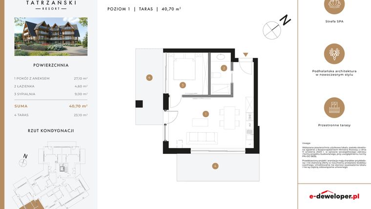 Rzut - Mieszkanie na sprzedaż 2 pokoje o powierzchni 40,7 m² - numer A14 w Tatrzański Resort
