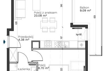 Rzut - Mieszkanie na sprzedaż 2 pokoje o powierzchni 40,56 m² - numer B-22 w Destino