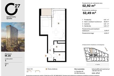 Rzut - Mieszkanie na sprzedaż 1 pokój o powierzchni 52,92 m² - numer M.20 w O27 Apartamenty Opolska