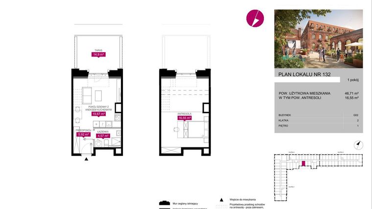 Rzut - Mieszkanie na sprzedaż 1 pokój o powierzchni 46,44 m² - numer G2.132 w Fuzja Lofty