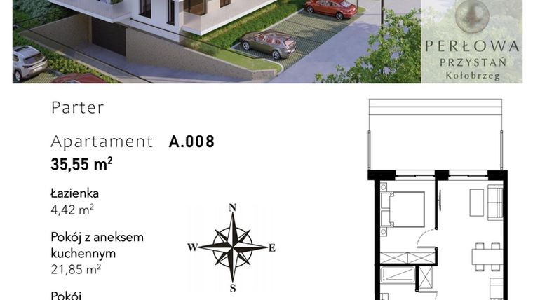 Rzut - Mieszkanie na sprzedaż 2 pokoje o powierzchni 35,55 m² - numer A.008 w Perłowa Przystań - Kołobrzeg - etap II