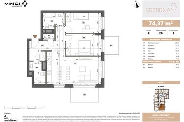 Rzut - Mieszkanie na sprzedaż 3 pokoje o powierzchni 74,87 m² - numer 20 w Srebrna 5