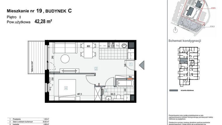 Rzut - Mieszkanie na sprzedaż 2 pokoje o powierzchni 42,28 m² - numer C19 w Apartamenty Kopernika