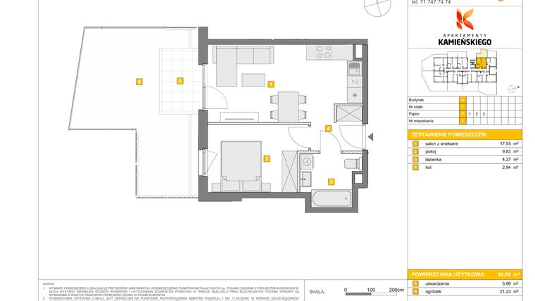 Rzut - Mieszkanie na sprzedaż 2 pokoje o powierzchni 34,69 m² - numer A1 w Apartamenty Kamieńskiego