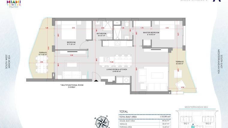 Rzut - Mieszkanie na sprzedaż 3 pokoje o powierzchni 119,99 m² - numer P6-BL3-A w Miami Towers