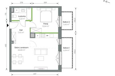 Rzut - Mieszkanie na sprzedaż 2 pokoje o powierzchni 54,27 m² - numer 2/B/1/19 w Oliwska Vita