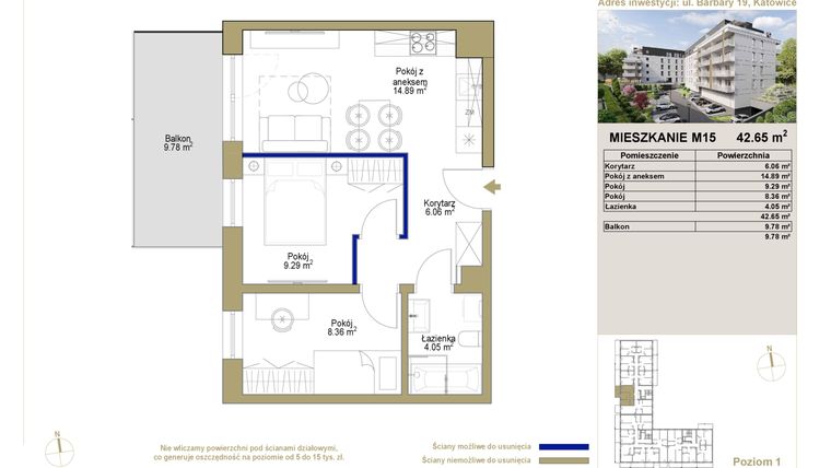 Rzut - Mieszkanie na sprzedaż 3 pokoje o powierzchni 42,65 m² - numer 15 w Barbary 19