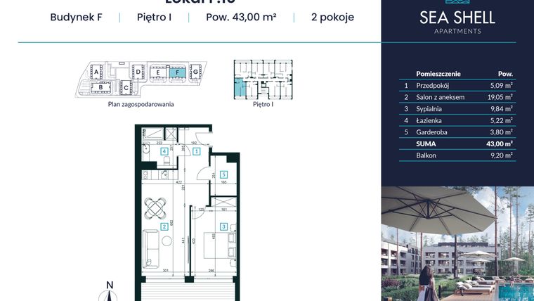 Rzut - Mieszkanie na sprzedaż 2 pokoje o powierzchni 43 m² - numer F.10 w Magiczny Łukęcin