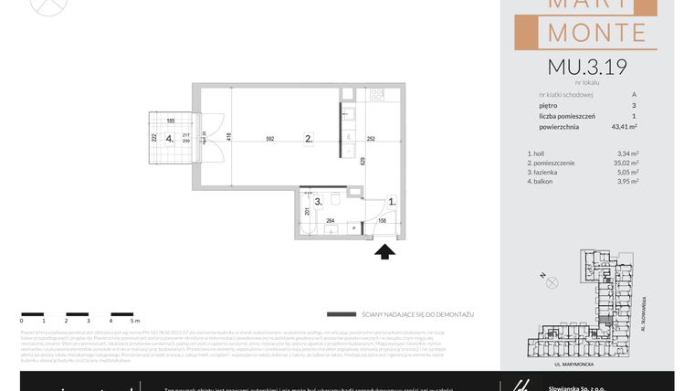 Rzut - Mieszkanie na sprzedaż 1 pokój o powierzchni 43,41 m² - numer MU.3.19 w Marimonte - apartamenty inwestycyjne