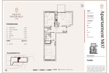 Rzut - Mieszkanie na sprzedaż 3 pokoje o powierzchni 56,5 m² - numer D.7 w Młyny Mogilska