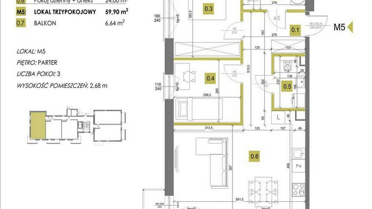 Rzut - Mieszkanie na sprzedaż 3 pokoje o powierzchni 59,9 m² - numer M5 w Mazowiecka 69