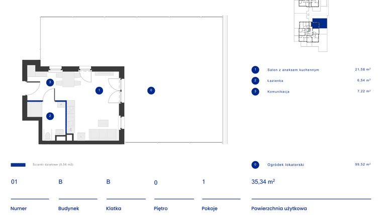 Rzut - Mieszkanie na sprzedaż 1 pokój o powierzchni 35,34 m² - numer B.01 w Osiedle Inverso