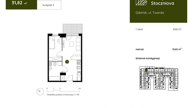 Rzut - Mieszkanie na sprzedaż 1 pokój o powierzchni 31,82 m² - numer 3.B.0.07 w Murapol Stoczniova