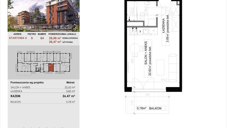 Rzut - Mieszkanie na sprzedaż 1 pokój o powierzchni 26,47 m² - numer 64 w M|City