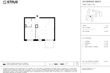 Rzut - Mieszkanie na sprzedaż 2 pokoje o powierzchni 43,61 m² - numer 147 w 28 czerwca 1956 r.