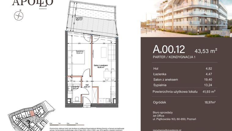 Rzut - Mieszkanie na sprzedaż 2 pokoje o powierzchni 41,93 m² - numer A.0.12 w Apollo Residence