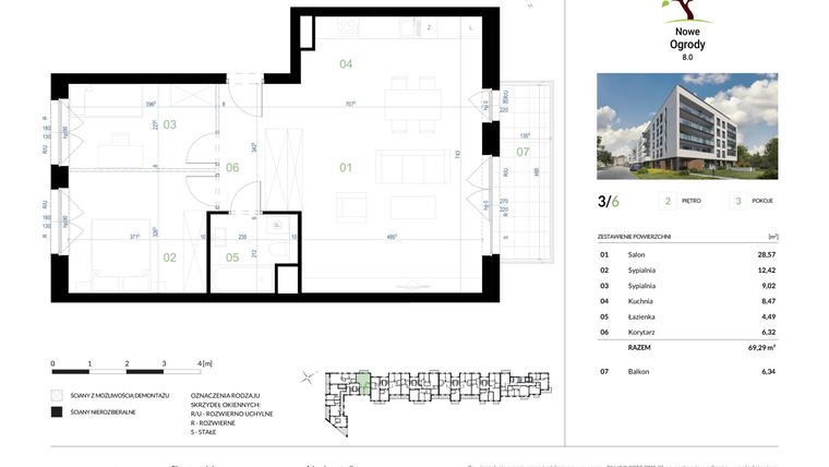 Rzut - Mieszkanie na sprzedaż 3 pokoje o powierzchni 69,22 m² - numer 3/6 w Nowe Ogrody 8.0