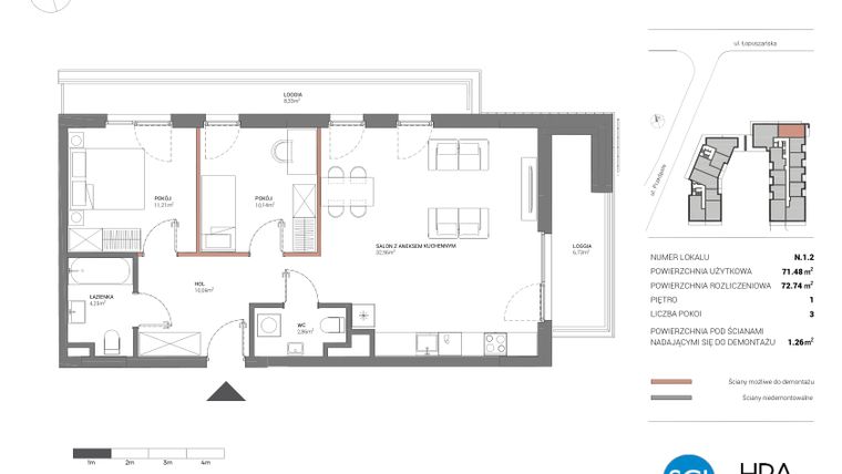 Rzut - Mieszkanie na sprzedaż 3 pokoje o powierzchni 72,76 m² - numer N.1.2 w Łopuszańska 47 - etap 4
