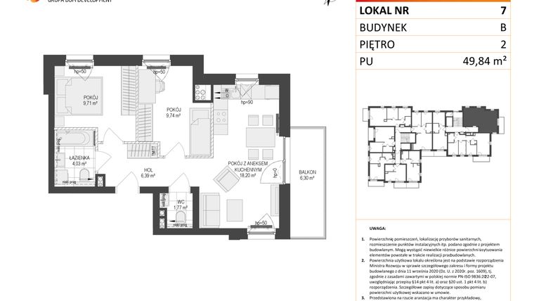 Rzut - Mieszkanie na sprzedaż 3 pokoje o powierzchni 49,84 m² - numer B.7 w Osiedle Warszawska etap III