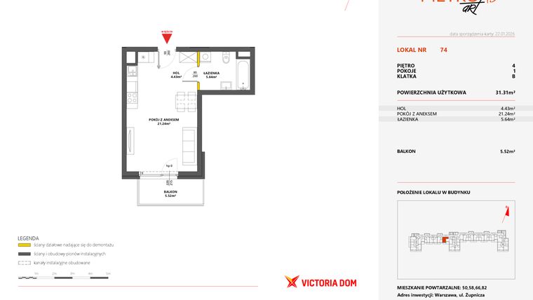 Rzut - Mieszkanie na sprzedaż 1 pokój o powierzchni 31,33 m² - numer 74 w Metro Art 13