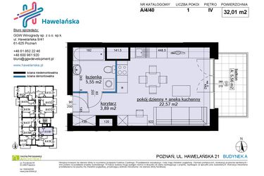 Rzut - Mieszkanie na sprzedaż 1 pokój o powierzchni 32,01 m² - numer A/4/40 w Osiedle Hawelańska etap III - bud. A