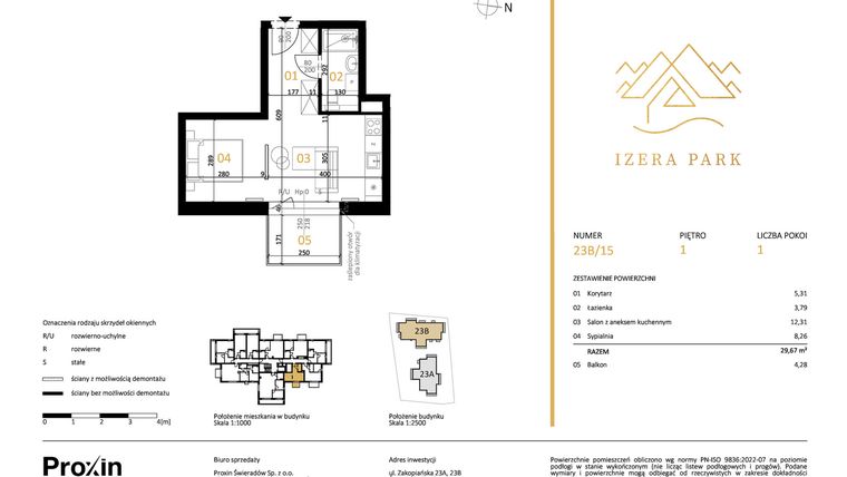 Rzut - Mieszkanie na sprzedaż 1 pokój o powierzchni 29,67 m² - numer 23B/15 w Izera Park