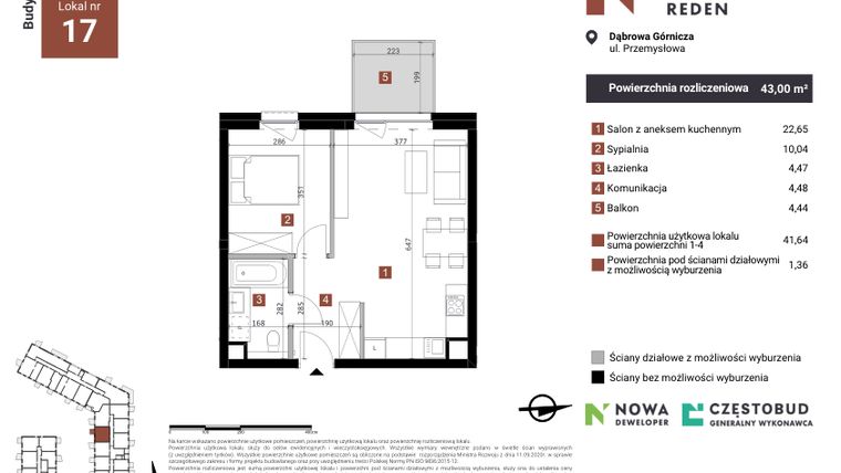 Rzut - Mieszkanie na sprzedaż 2 pokoje o powierzchni 43 m² - numer A17 w Nowy Reden