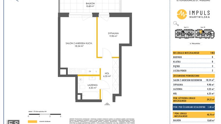 Rzut - Mieszkanie na sprzedaż 2 pokoje o powierzchni 40,7 m² - numer B/103 w Impuls Marywilska