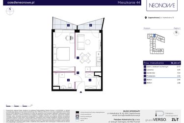 Rzut - Mieszkanie na sprzedaż 1 pokój o powierzchni 38,29 m² - numer 44 w Osiedle Neonowe