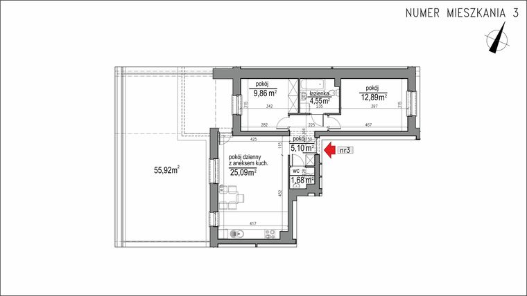 Rzut - Mieszkanie na sprzedaż 3 pokoje o powierzchni 59,17 m² - numer 3m.3 w Osiedle Rytm etap 2